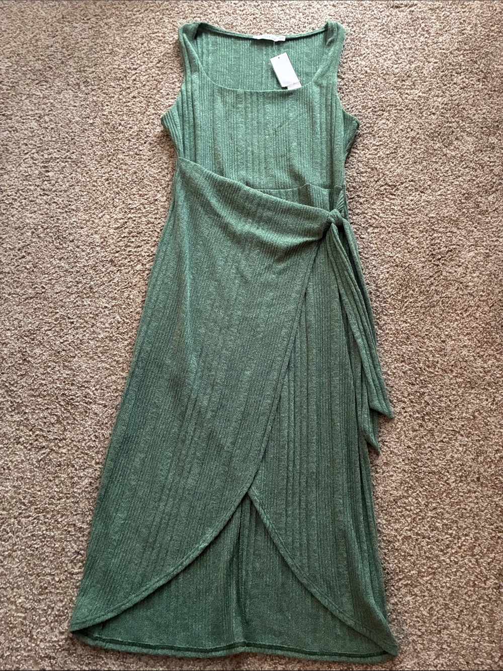 NWT Lush Green Ribbed Tank Midi Dress Side Tie Wrap Large